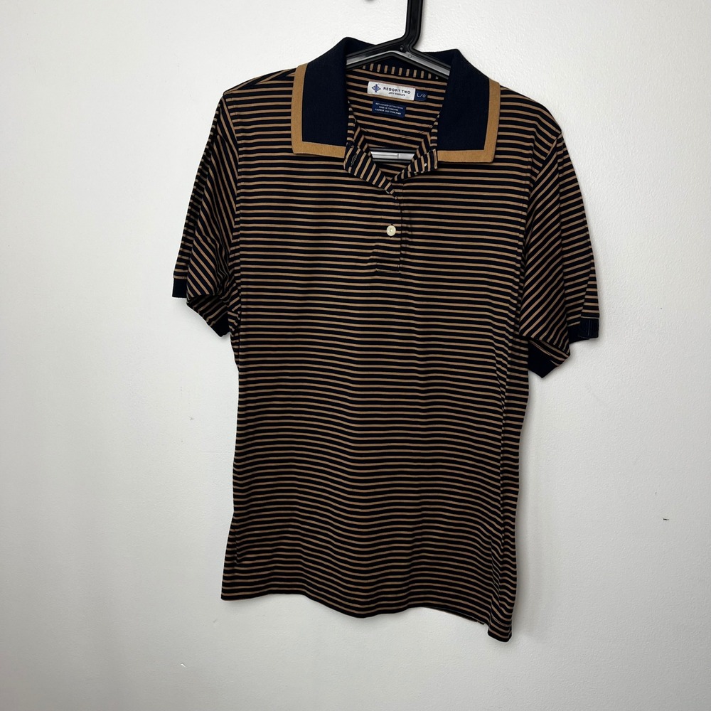 Joey Rodolfo Resort‎ Two Mens Striped Polo Shirts Set of 2 Tan Blue Cream L VTG - Picture 3 of 13